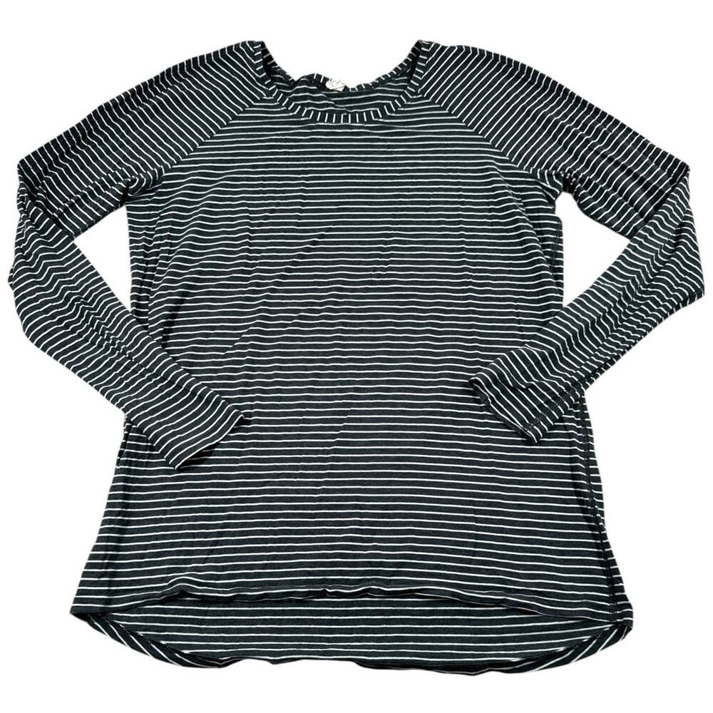 lululemon Striped Long Sleeve 8 Dark Gray White Cotton Casual Basic Curved Hem